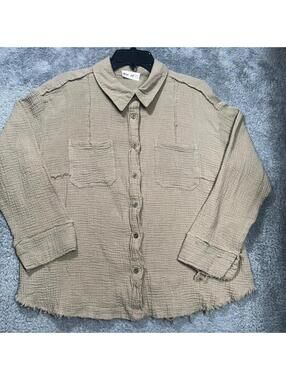 New In Gauze Button Down Shirt Womens L Tan Raw Edge Frayed Crinkle NT10295